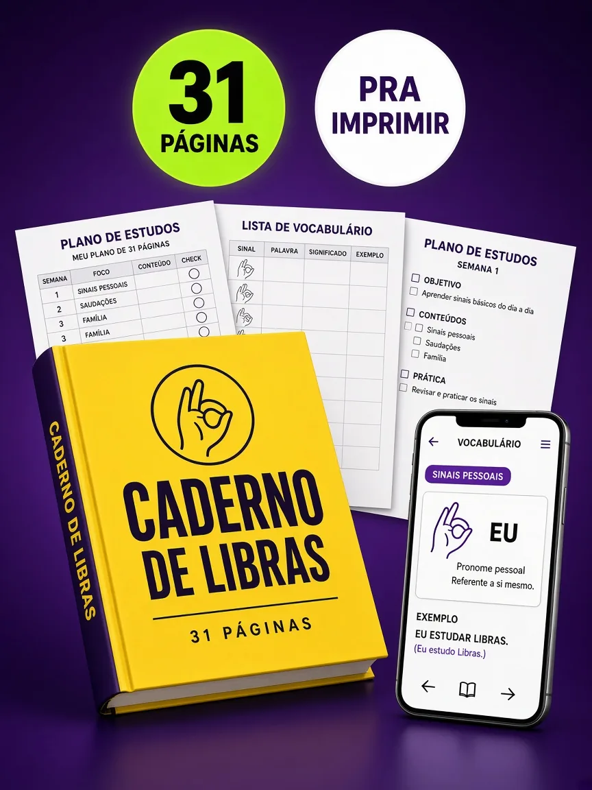 Montagem ilustrativa do Caderno de Libras: livro com a capa, páginas do material e celular
