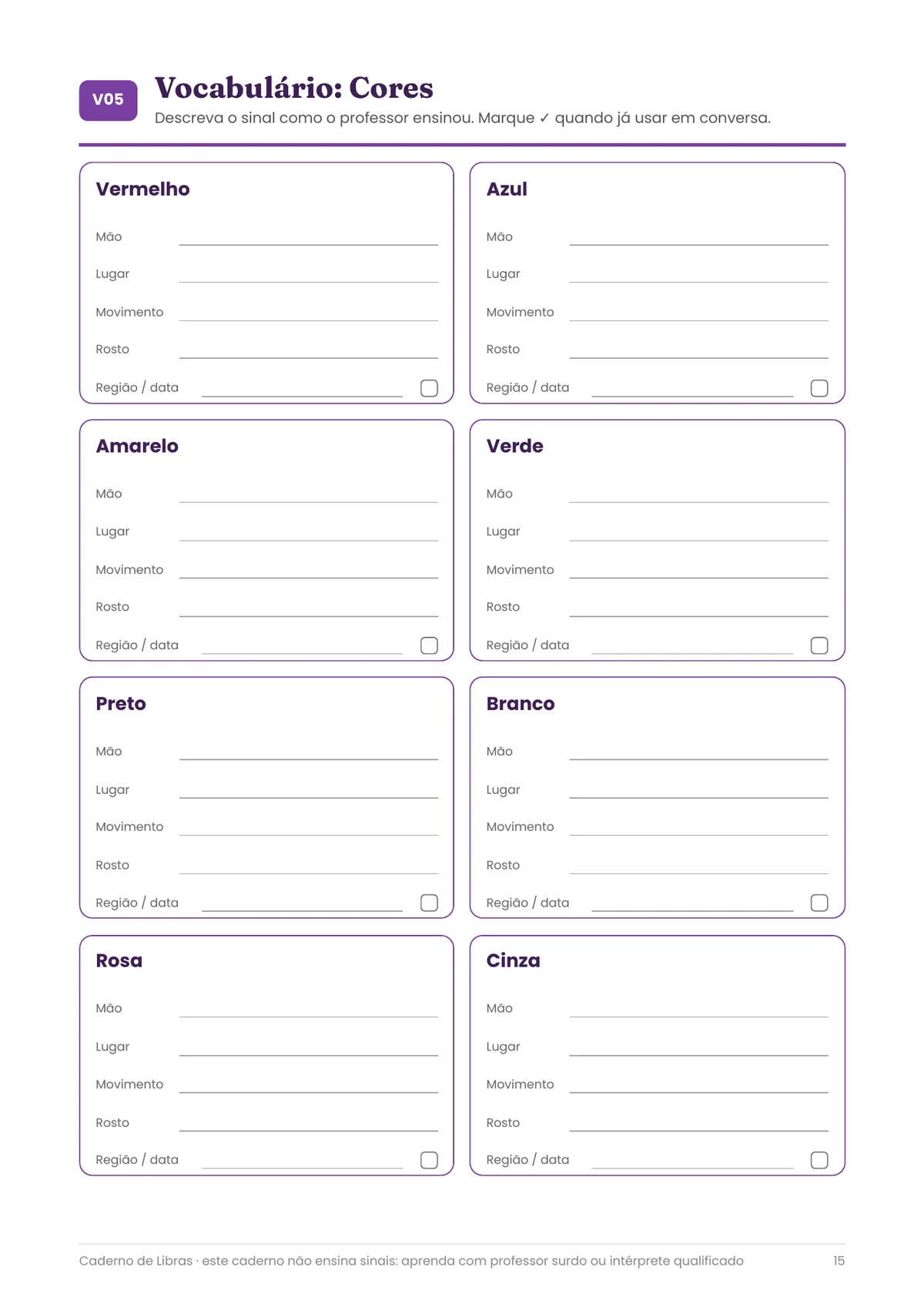 Página real do PDF Caderno de Libras: ficha do tema cores