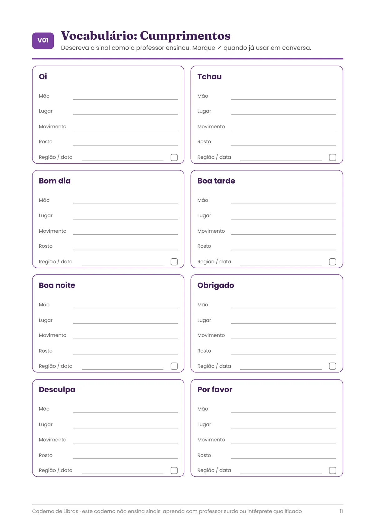 Página real do PDF Caderno de Libras: fichas de vocabulário