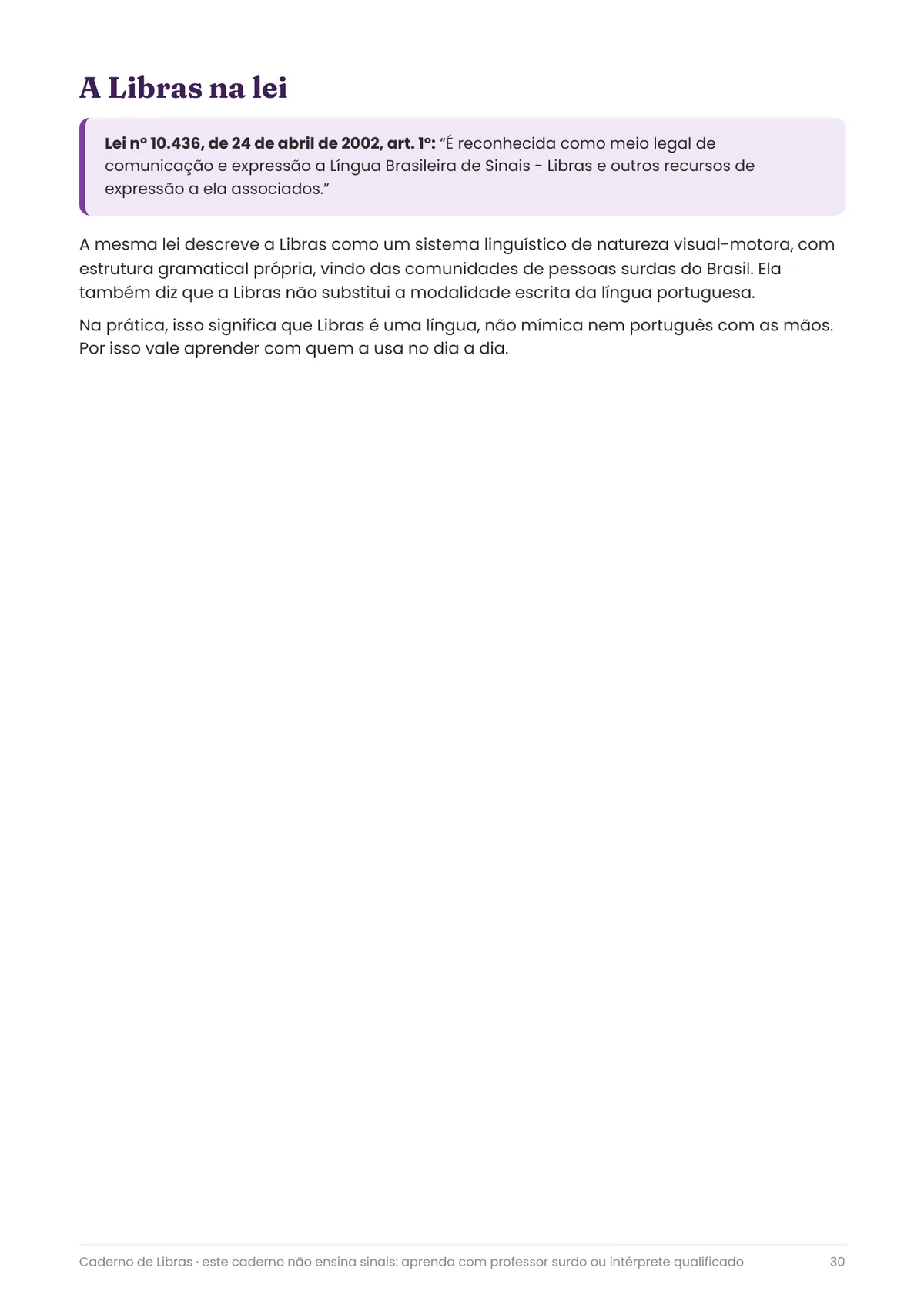Página real do PDF Caderno de Libras: a Libras na lei