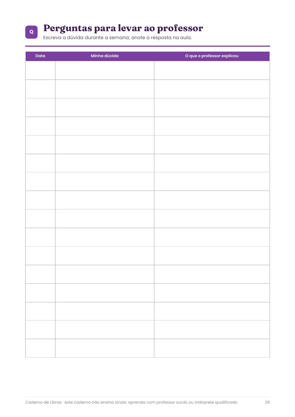 Página real do PDF Caderno de Libras: perguntas pro professor