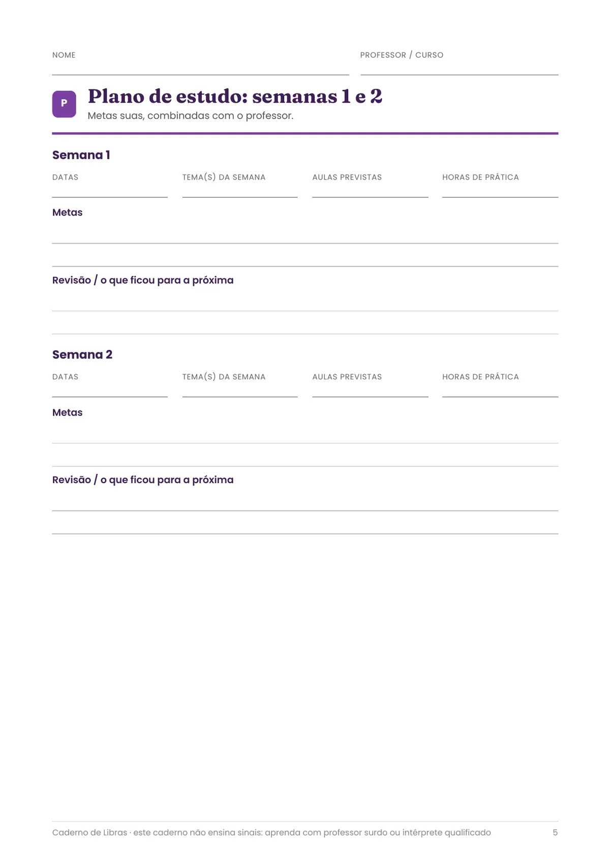 Página real do PDF Caderno de Libras: plano de estudo